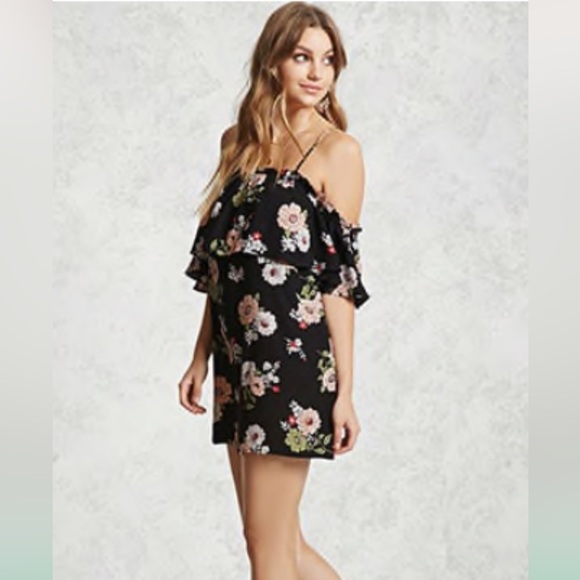 Forever 21 Black Floral Open Shoulder Mini Dress Size Medium - Picture 1 of 13